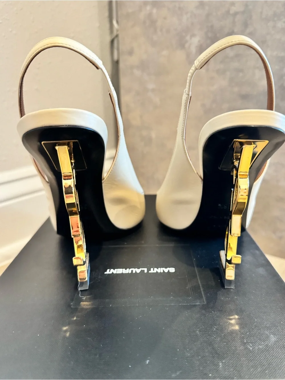 Saint Laurent YSL Opyum 100mm Ivory Slingback Pumps YSL Logo Heel - Picture 6 of 14